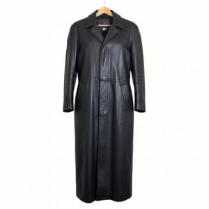 Premier 100% Genuine Leather Long Trench Coat Black Button Front Women’s S